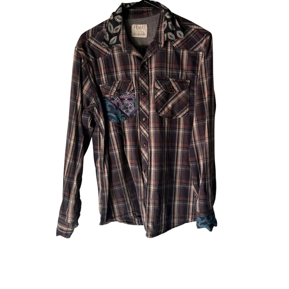 PD&C Plaid Patchwork Western Shirt Long Sleeve Button Up Men's Size L